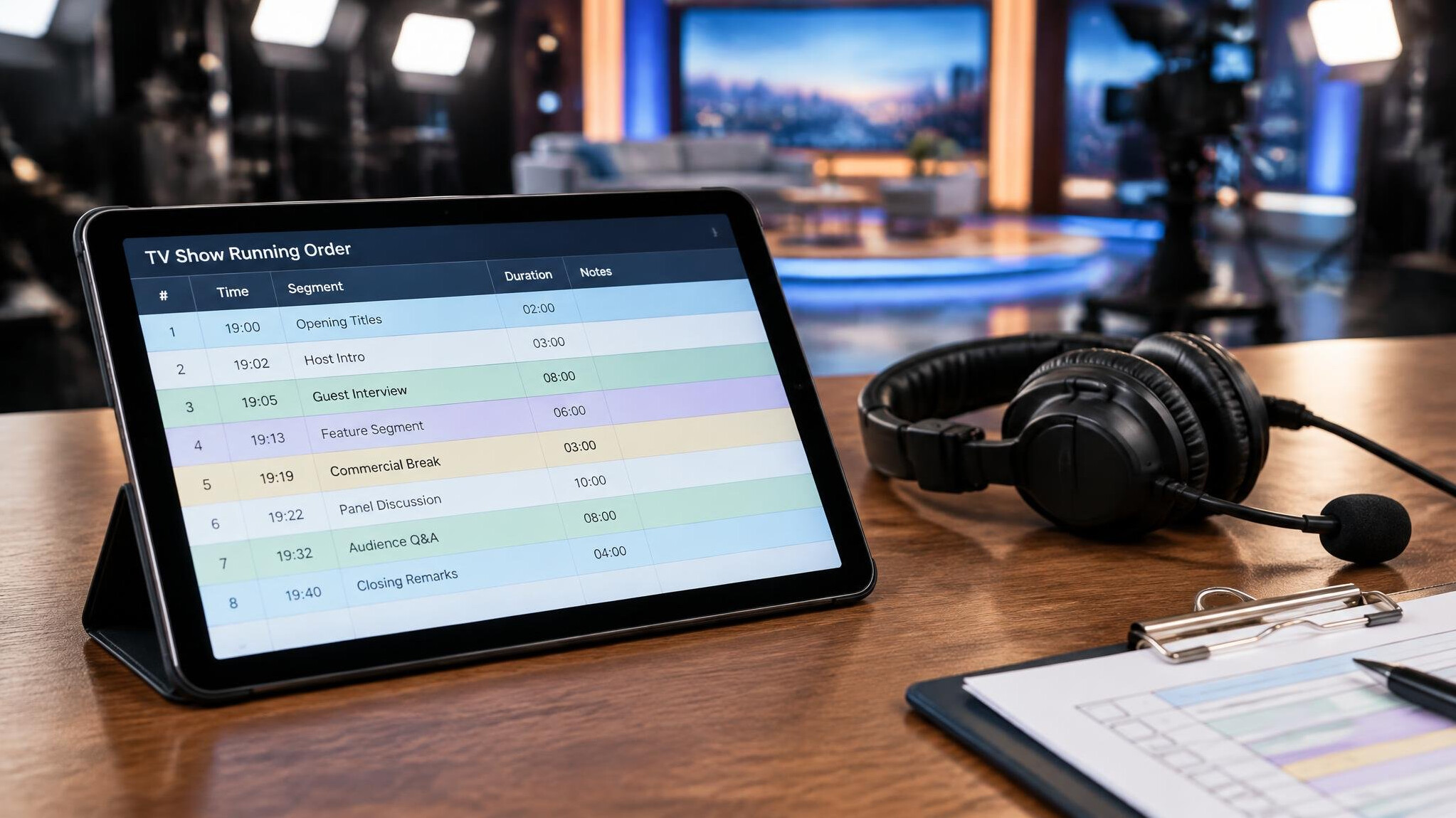 Production schedule and rundown on a tablet next to a headset in a TV studio