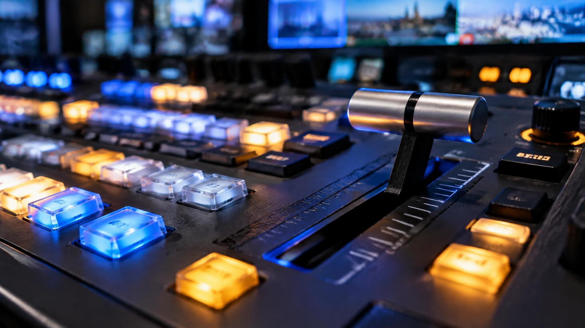 Close-up of a broadcast vision mixer control surface with illuminated buttons