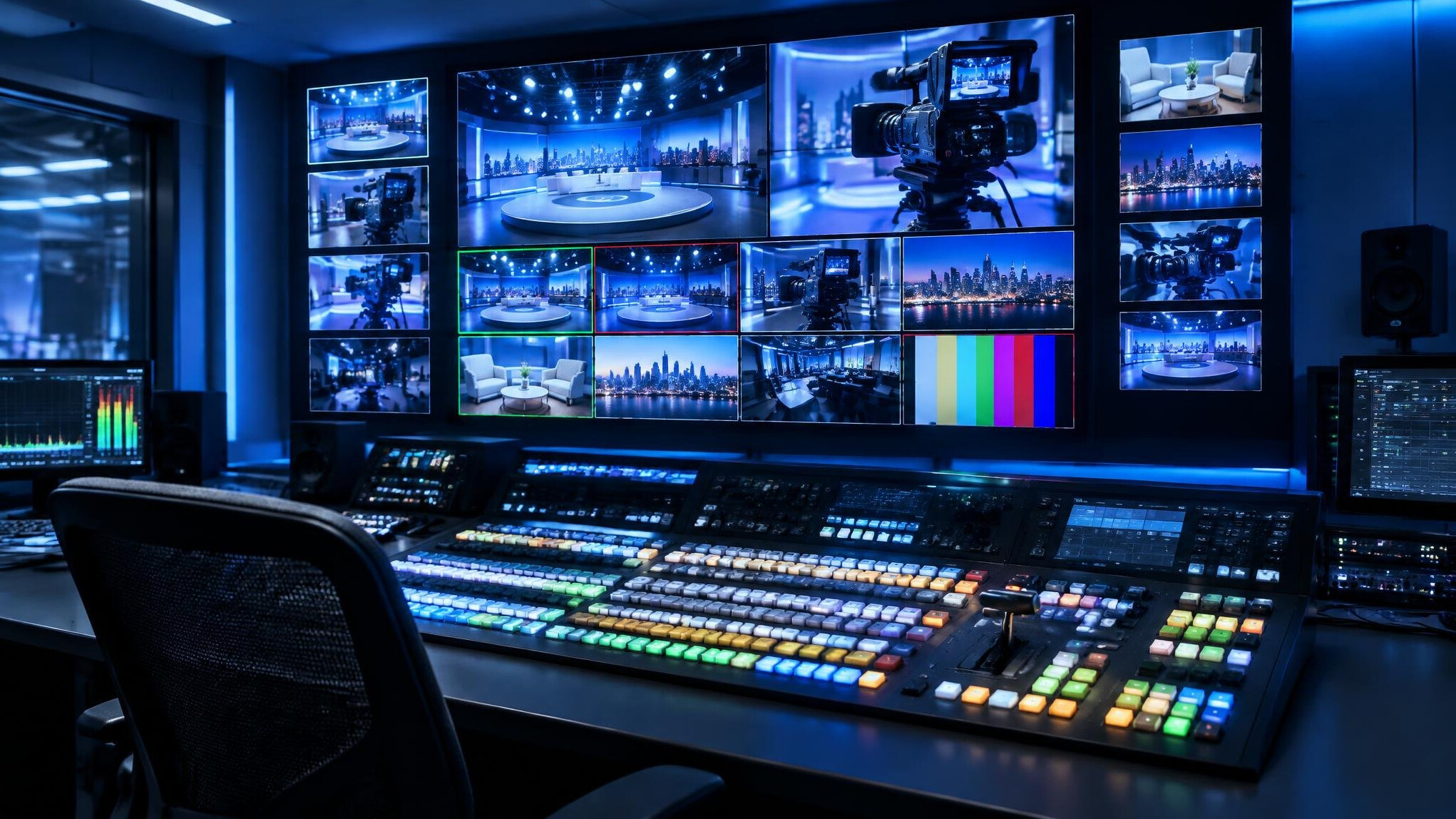 Live television production gallery with a wall of monitors and a vision mixer desk