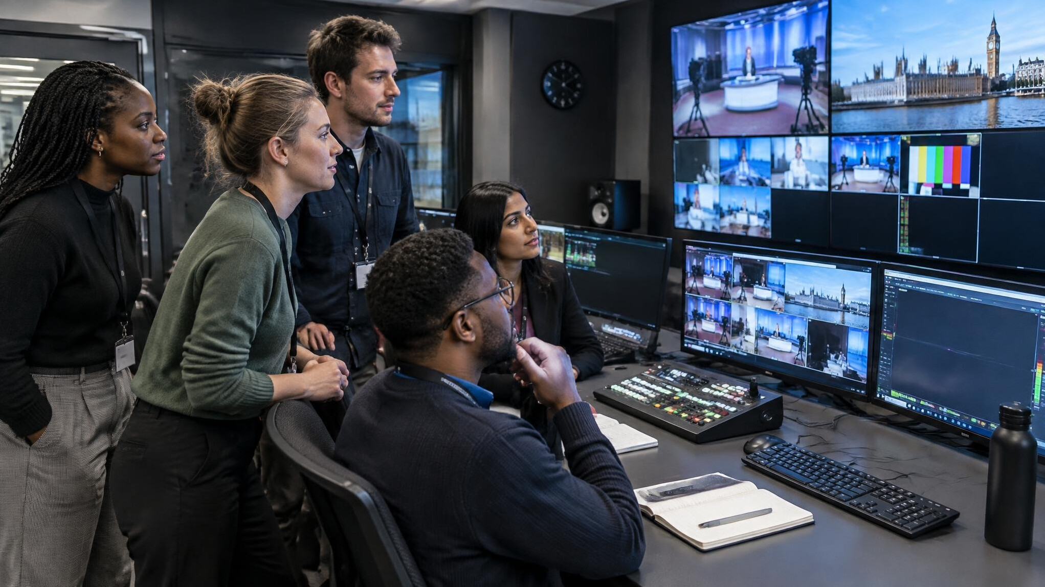 Team of production staff watching monitors in a live broadcast control room