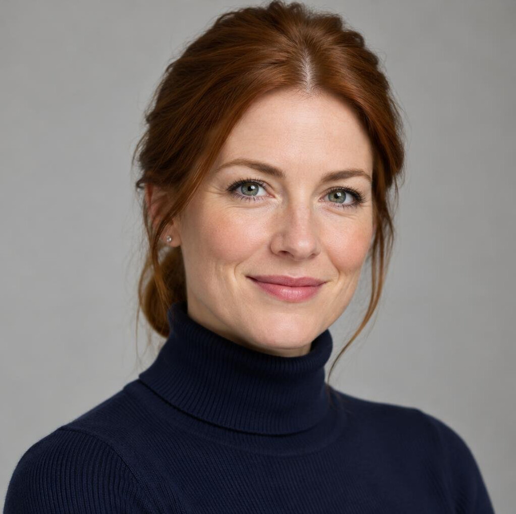 Portrait of a woman in her thirties with red hair tied back