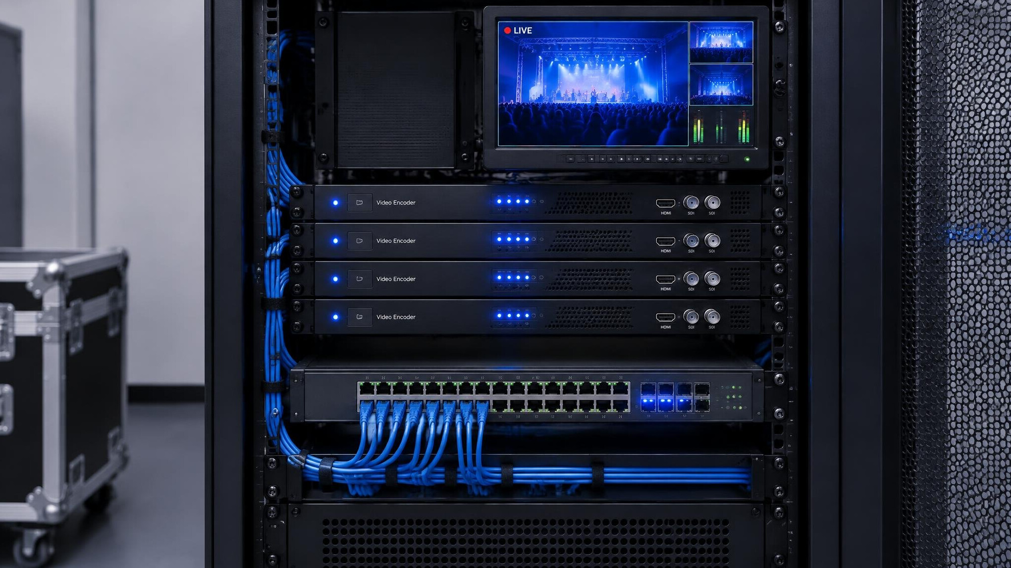 Streaming encoder rack and network switch with cables in a server cabinet