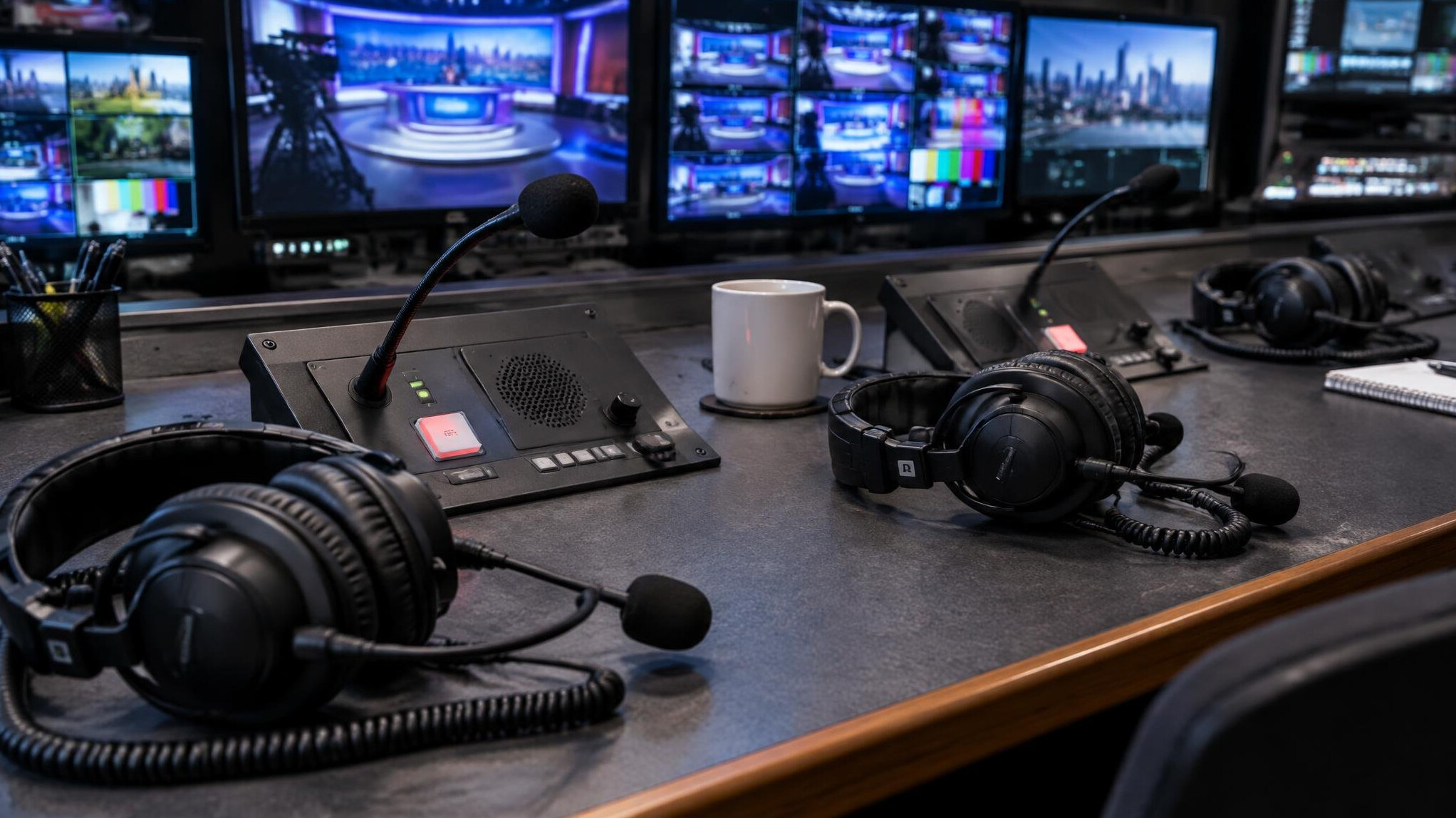 Empty television gallery desk with headsets and intercom panels