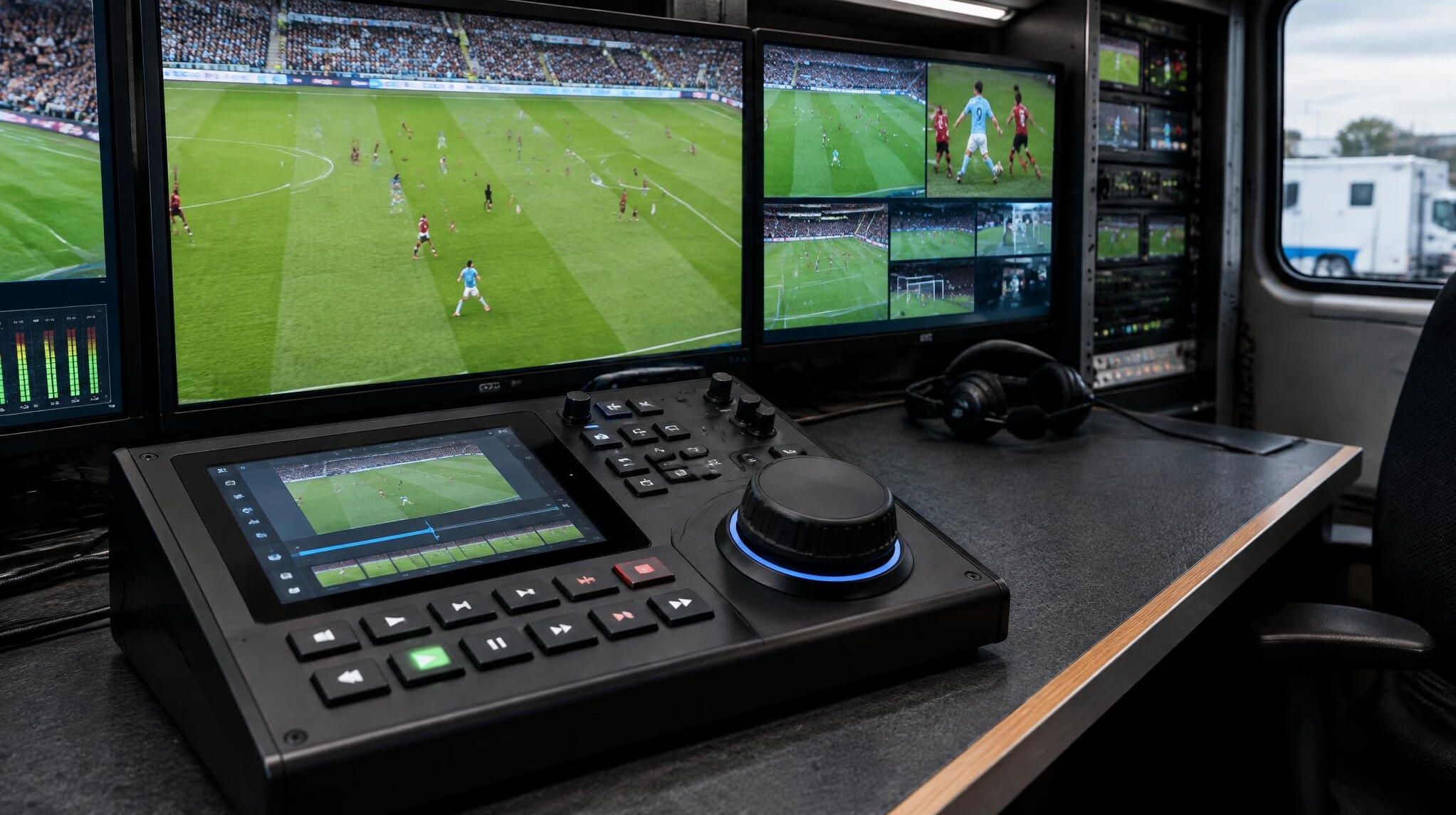 Slow motion replay controller with jog dial in a sports broadcast truck