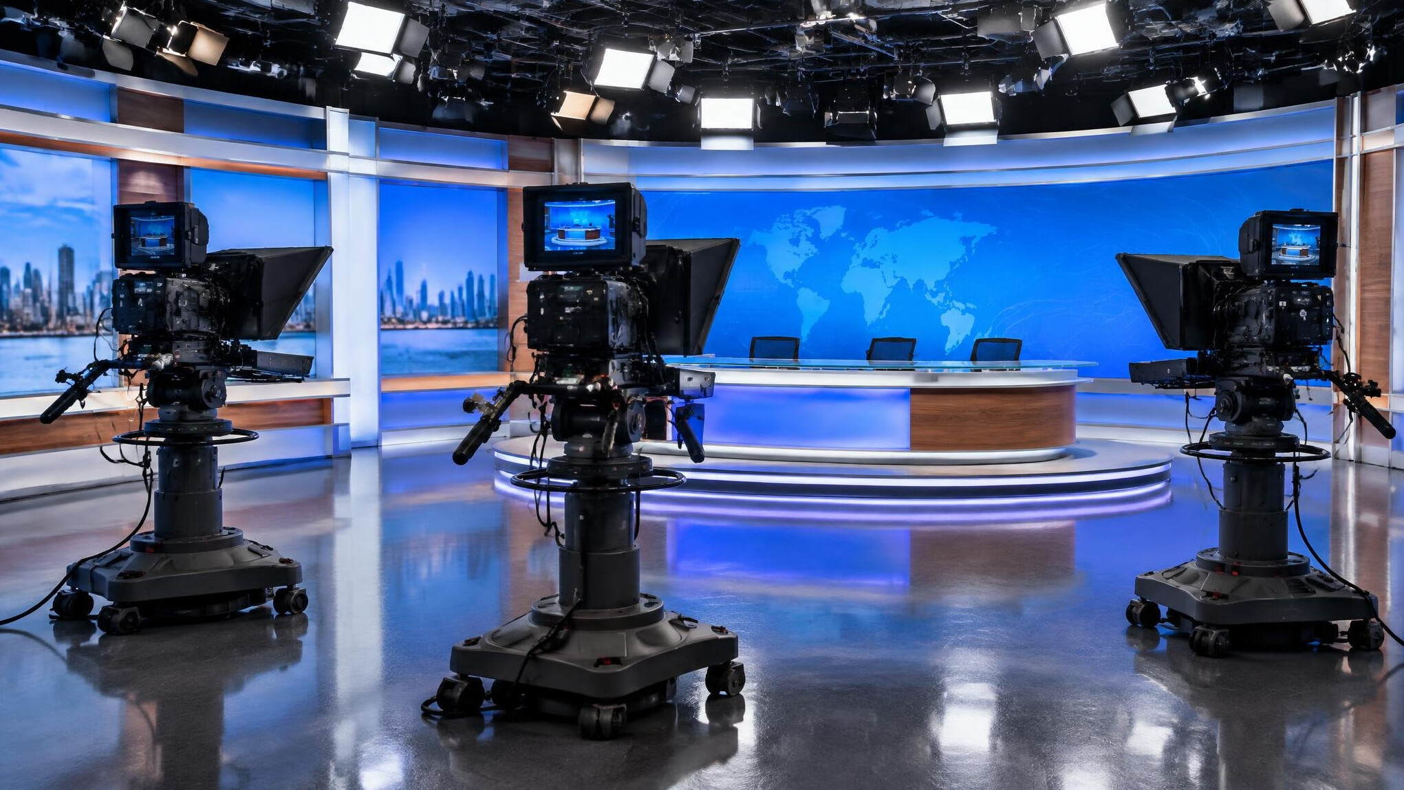 Television studio floor with three cameras and lighting rig